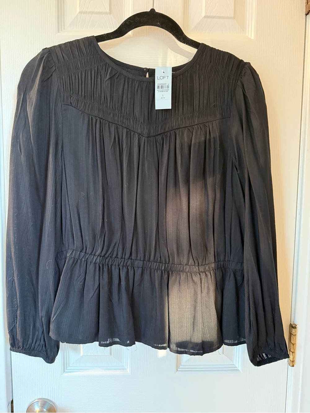 LOFT Black Pleated Long-Sleeve Peplum Blouse